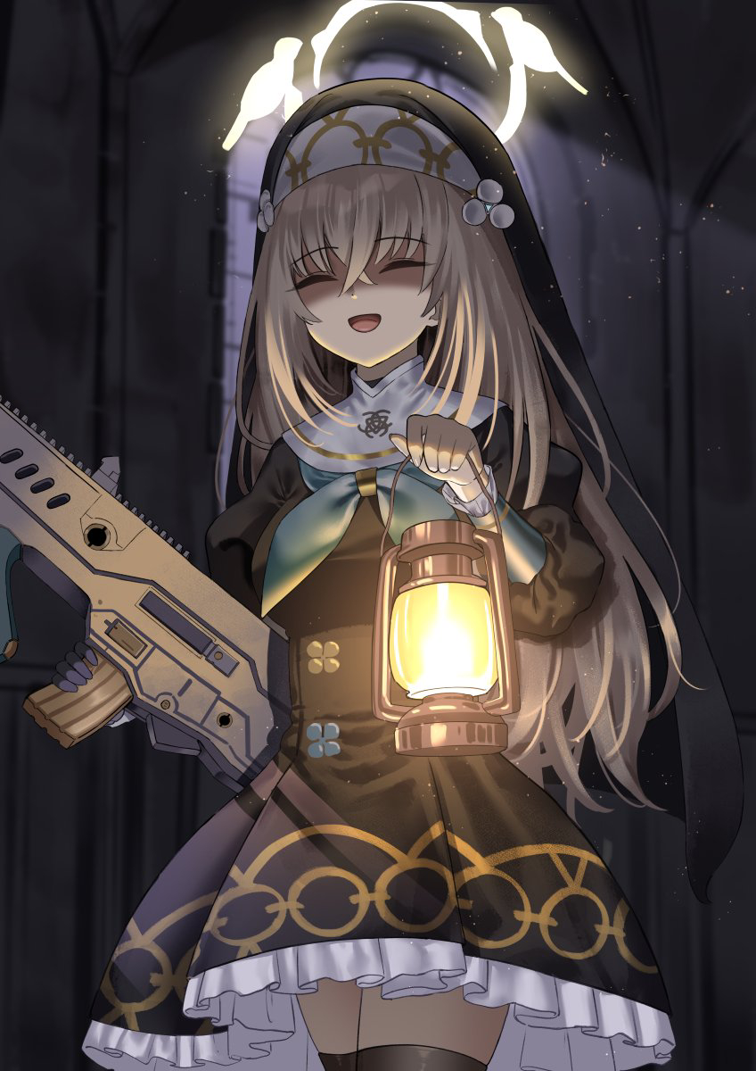 1girl black_headwear black_thighhighs blue_archive breasts closed_eyes coif commission cowboy_shot false_smile grey_hair gun habit hair_between_eyes halo highres holding holding_gun holding_lantern holding_weapon ine_(ineinnen) juliet_sleeves lantern large_breasts long_hair long_sleeves nun open_mouth pixiv_commission puffy_sleeves sakurako_(blue_archive) shaded_face smile solo thigh-highs weapon yellow_halo