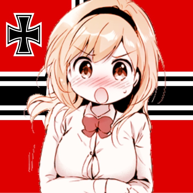 blonde_hair blush bow bowtie breasts djeeta_(granblue_fantasy) embarrassed hairband looking_at_viewer medium_breasts nazi nazi_flag non-web_source open_clothes open_mouth original raised_eyebrows swastika sweat third-party_edit