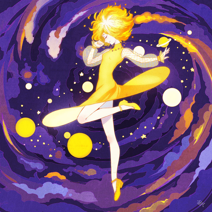 1girl blonde_hair closed_eyes closed_mouth dancing dress fiery_hair from_side hand_up leg_up long_sleeves moon nebula original personification planet saturn_(planet) see-through see-through_sleeves signature smile solar_system solo space star_(sky) sun tami_yagi yellow_dress yellow_footwear
