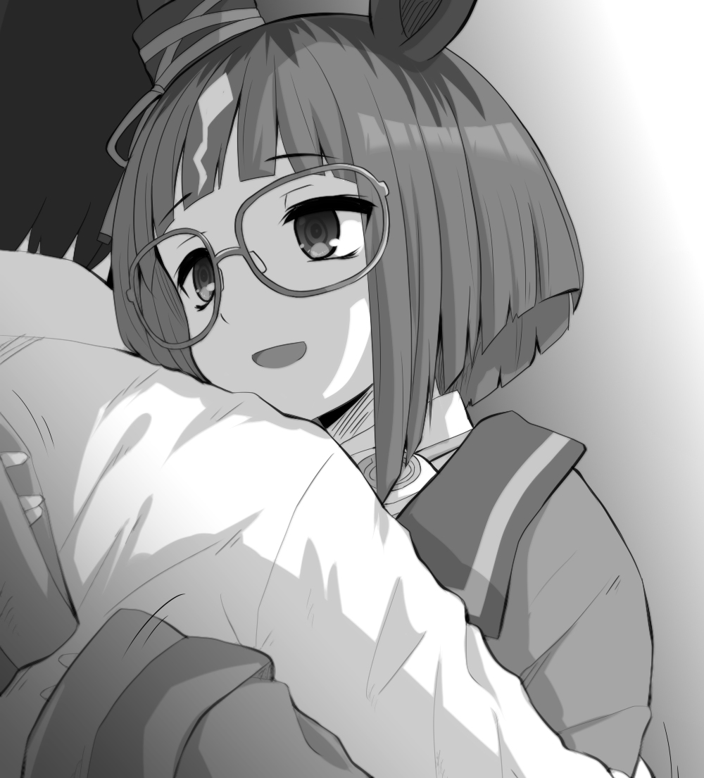 1boy 1girl :d animal_ears collared_shirt commentary_request glasses gradient_background grey_background greyscale horse_ears hug long_sleeves monochrome multicolored_hair school_uniform shirt short_hair sleeves_past_wrists smile tracen_school_uniform transcend_(umamusume) two-tone_hair umamusume upper_body watarui white_background wide_sleeves