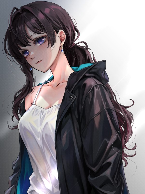1girl ahoge black_hair black_jacket breasts camisole earrings expressionless ichinose_shiki idolmaster idolmaster_cinderella_girls idolmaster_cinderella_girls_starlight_stage jacket jewelry long_hair looking_to_the_side medium_breasts open_clothes open_jacket ponytail single_bare_shoulder solo upper_body violet_eyes white_camisole ykcocoro_game
