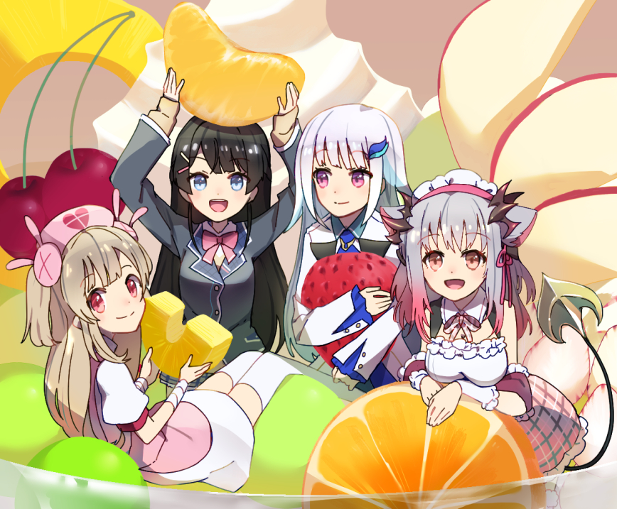 4girls :d black_hair black_jacket blazer blue_eyes blue_hair bow bowtie character_request closed_mouth demon_tail detached_collar elu_(nijisanji) food fruit full_body gradient_hair grey_hair hair_bow hair_ornament hairpin holding holding_food holding_fruit hugging_object jacket light_brown_hair lize_helesta long_hair looking_at_another looking_at_viewer maid_headdress multicolored_hair multiple_girls nijisanji open_mouth orange_(fruit) orange_slice pineapple pineapple_slice pink_bow pink_bowtie pink_eyes pink_skirt plaid plaid_skirt redhead school_uniform shirt sidelocks sideways_glance skirt smile sou_(tuhut) straight_hair strawberry streaked_hair tail teeth tsukino_mito two_side_up upper_teeth_only virtual_youtuber white_hair white_shirt wispy_bangs