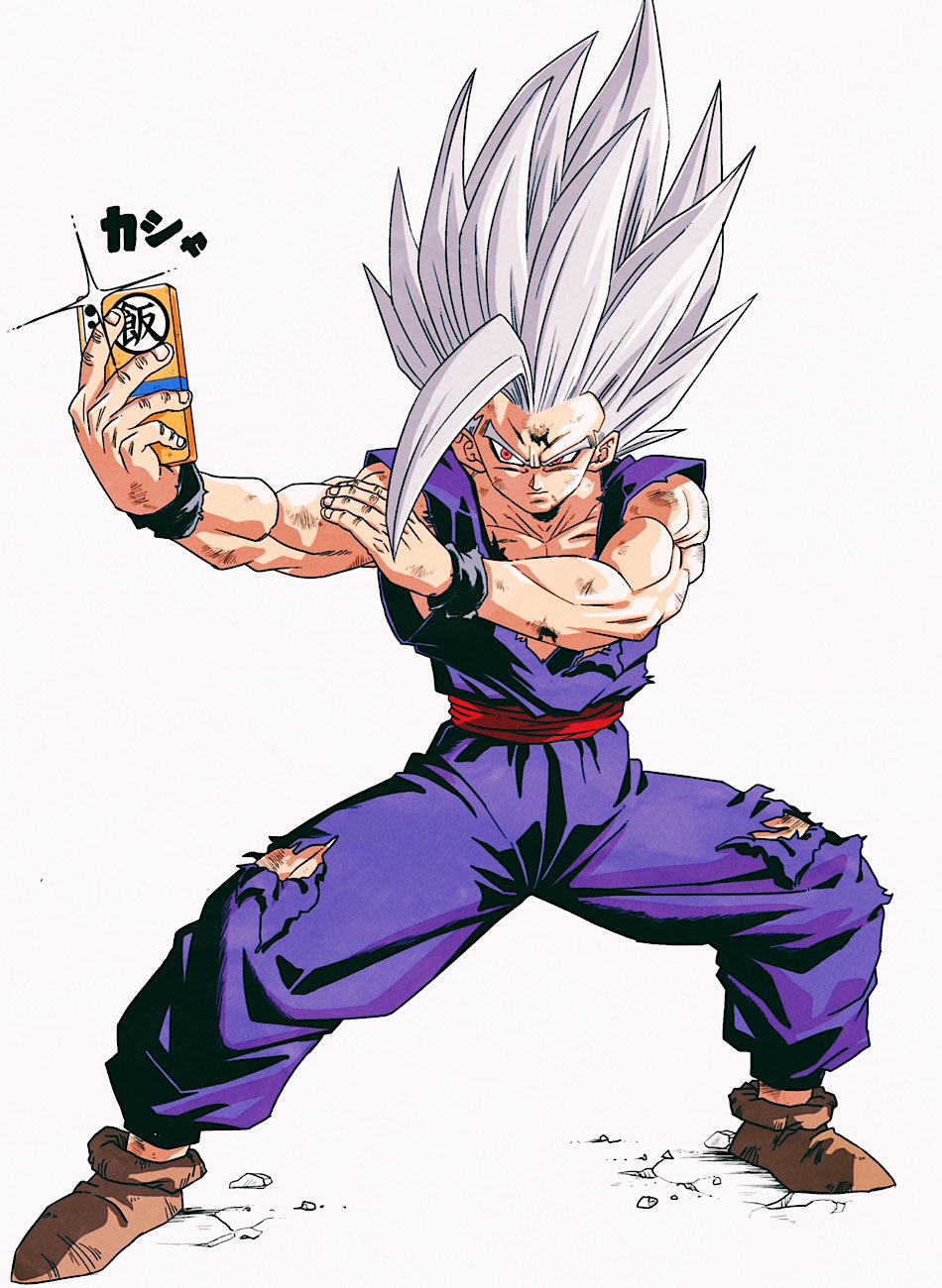 1boy brown_footwear cellphone closed_mouth dougi dragon_ball dragon_ball_super dragon_ball_z full_body grey_hair highres holding holding_phone long_hair muscular muscular_male pants phone purple_pants red_eyes red_sash reeya sash serious simple_background smartphone son_gohan spiky_hair torn_clothes white_background wristband