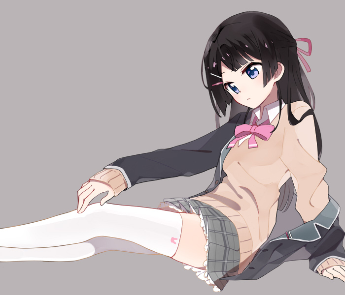 1girl black_jacket blazer blue_eyes bow bowtie brown_hair brown_sweater collared_shirt feet_out_of_frame from_side grey_background grey_skirt hair_ribbon half_updo jacket legs_together long_hair looking_down miniskirt nijisanji off_shoulder open_clothes open_jacket outstretched_arm pink_bow pink_bowtie pink_ribbon plaid plaid_skirt pleated_skirt ribbon school_uniform shirt sidelocks simple_background skirt solo sou_(tuhut) straight_hair sweater thigh-highs tsukino_mito virtual_youtuber white_shirt white_thighhighs zettai_ryouiki