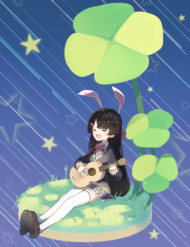 1girl :d animal_ears black_jacket blazer blue_background bow bowtie brown_footwear brown_hair closed_eyes clover collared_shirt fake_animal_ears four-leaf_clover full_body grass grey_skirt guitar holding holding_instrument instrument jacket legs_together loafers long_hair long_sleeves miniskirt music nijisanji open_mouth pink_bow pink_bowtie plaid plaid_skirt playing_instrument pleated_skirt rabbit_ears school_uniform shirt shoe_soles shoes shooting_star sitting skirt smile solo sou_(tuhut) star_(symbol) straight_hair thigh-highs tsukino_mito virtual_youtuber white_shirt white_thighhighs zettai_ryouiki