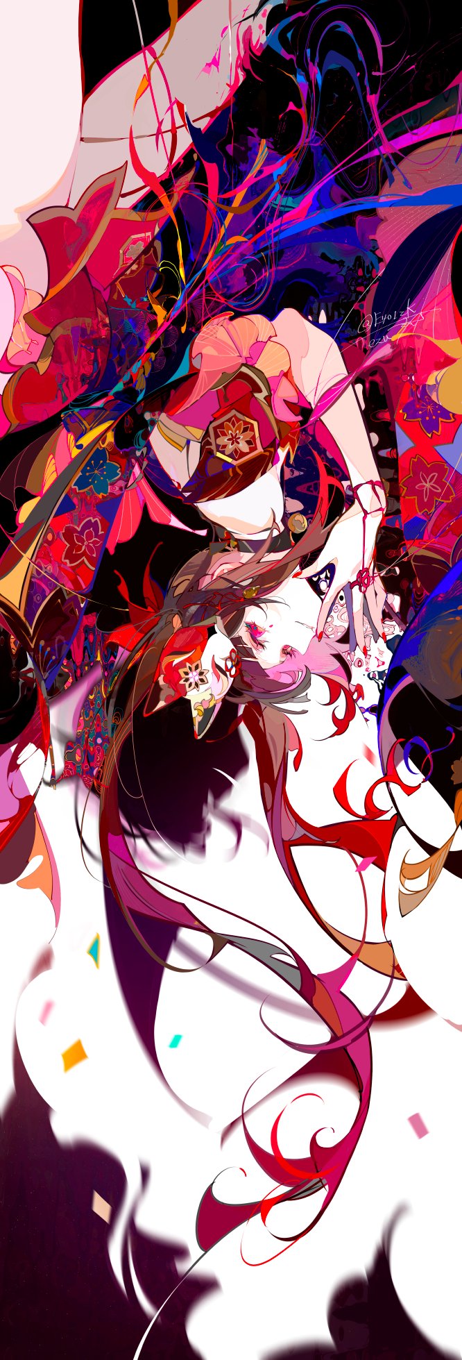 1girl bow brown_hair commentary confetti cowboy_shot detached_sleeves dress ezu_(e104mjd) falling floating_hair fox_mask from_side hair_bow hand_up highres honkai:_star_rail honkai_(series) long_hair looking_at_viewer mask mask_on_head nail_polish pink_eyes red_bow red_dress red_nails red_sleeves short_dress short_sleeves sidelocks sideways_glance simple_background sleeveless sleeveless_dress solo sparkle_(honkai:_star_rail) symbol-only_commentary twintails upside-down very_long_hair white_background