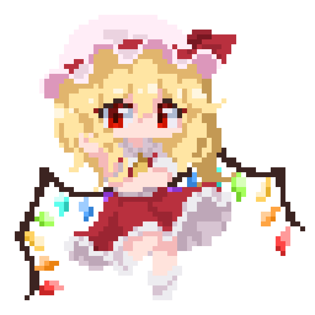 1girl ascot blonde_hair crossed_arms crystal_wings dress flandre_scarlet full_body hat hat_ribbon hong_yin mob_cap pixel_art red_dress red_eyes red_ribbon ribbon simple_background solo touhou white_background yellow_ascot