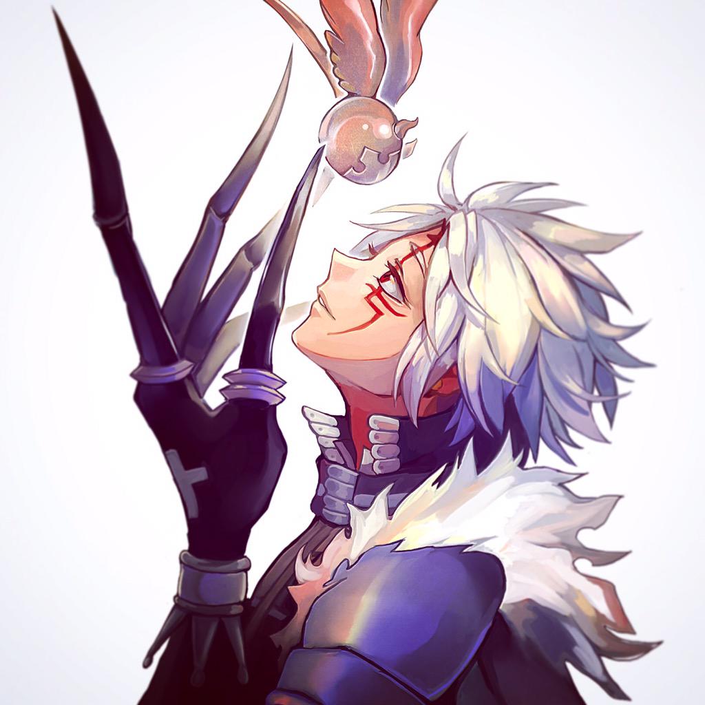 1boy allen_walker aokamei armor commentary d.gray-man english_commentary eyelashes facial_mark from_side fur-trimmed_armor fur_trim grey_background long_fingers looking_up male_focus parted_lips red_eyes solo timcanpy white_hair