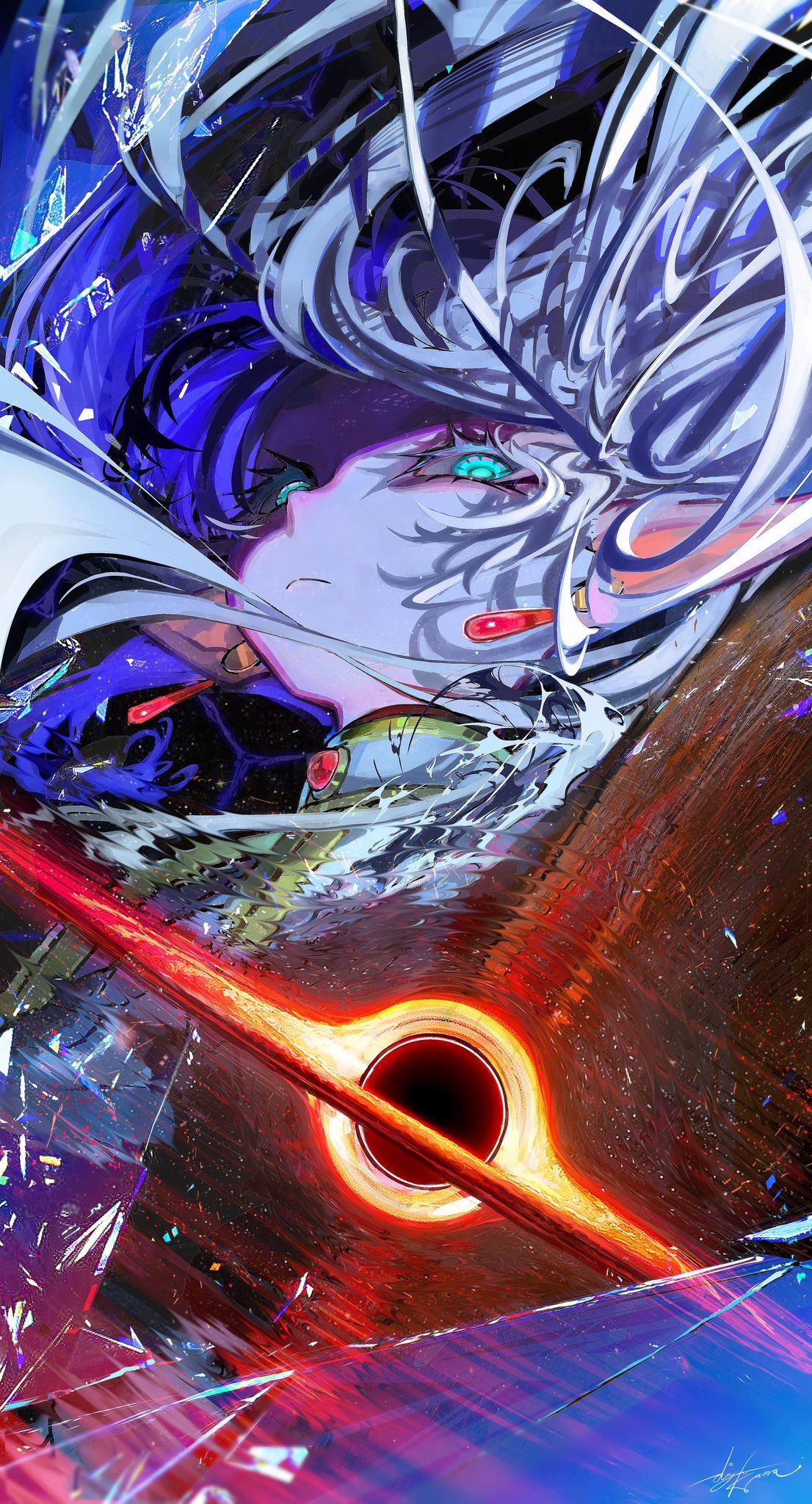 1girl abstract black_hole capelet commentary diyokama elf english_commentary eyelashes floating_hair frieren frown gold_trim green_eyes hashtag_only_commentary highres long_hair looking_at_viewer pointy_ears signature sousou_no_frieren upper_body white_capelet