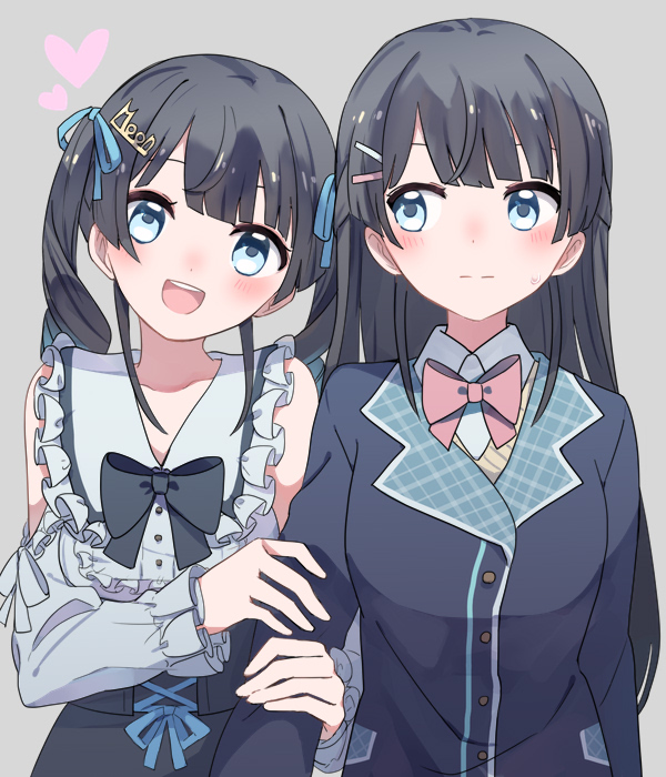 2girls :d :| bare_shoulders black_hair black_jacket black_skirt blazer blue_eyes bow bowtie closed_mouth collared_shirt cowboy_shot dual_persona grey_background heart holding_another's_arm jacket jirai_kei long_hair looking_at_another looking_at_viewer multiple_girls nijisanji official_alternate_costume official_alternate_hairstyle open_mouth pink_bow pink_bowtie school_uniform shirt sidelocks sideways_glance simple_background skirt sleeveless sleeveless_shirt smile sou_(tuhut) straight_hair teeth tsukino_mito tsukino_mito_(14th_costume) twintails upper_teeth_only virtual_youtuber white_shirt
