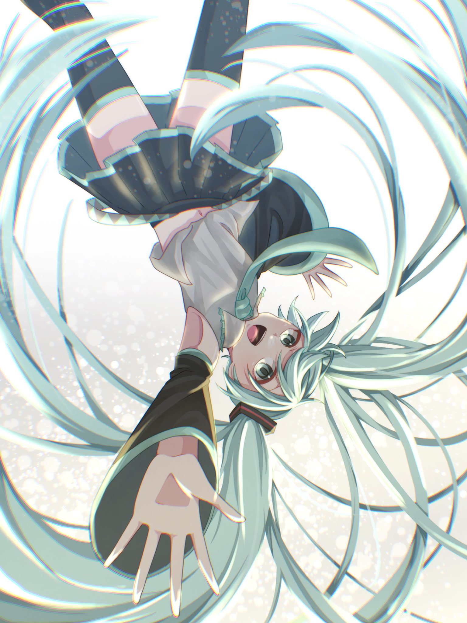 1girl aqua_eyes aqua_hair aqua_necktie armpit_crease black_skirt black_sleeves dappled_sunlight detached_sleeves flat_chest floating floating_hair grey_shirt hatsune_miku highres long_hair looking_at_viewer midriff_peek miniskirt navel necktie open_mouth outstretched_arms shirt sinin_p skirt smile solo spread_arms sunlight thigh-highs twintails upside-down very_long_hair vocaloid white_background zettai_ryouiki