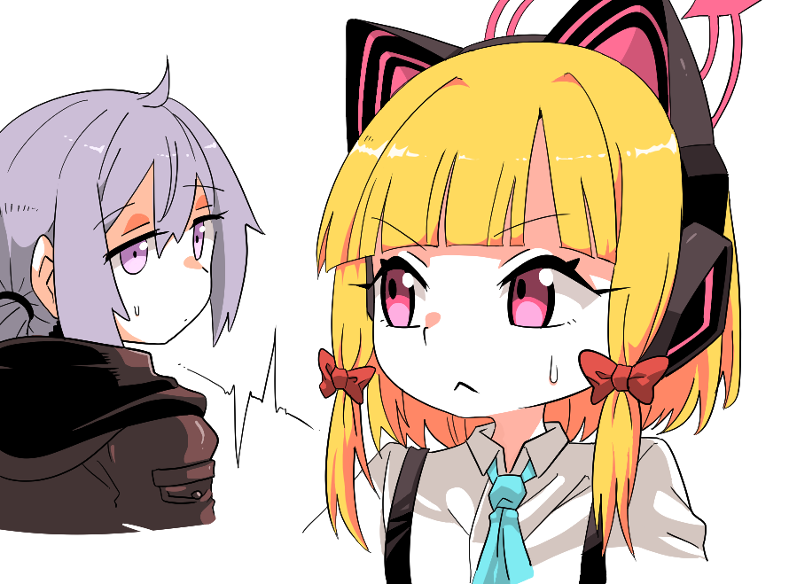 2girls animal_ear_headphones animal_ears black_jacket blonde_hair blue_archive blue_necktie blunt_bangs cat_ear_headphones collared_shirt commentary crossover fake_animal_ears girls_frontline grey_hair haho hair_between_eyes hair_ribbon halo headphones hood hooded_jacket jacket long_hair long_sleeves looking_at_another low_ponytail m200_(girls'_frontline) momoi_(blue_archive) multiple_girls necktie red_eyes ribbon school_uniform shirt short_hair sidelocks simple_background sparks suspenders sweatdrop symbol-only_commentary tress_ribbon v-shaped_eyebrows violet_eyes white_background white_shirt