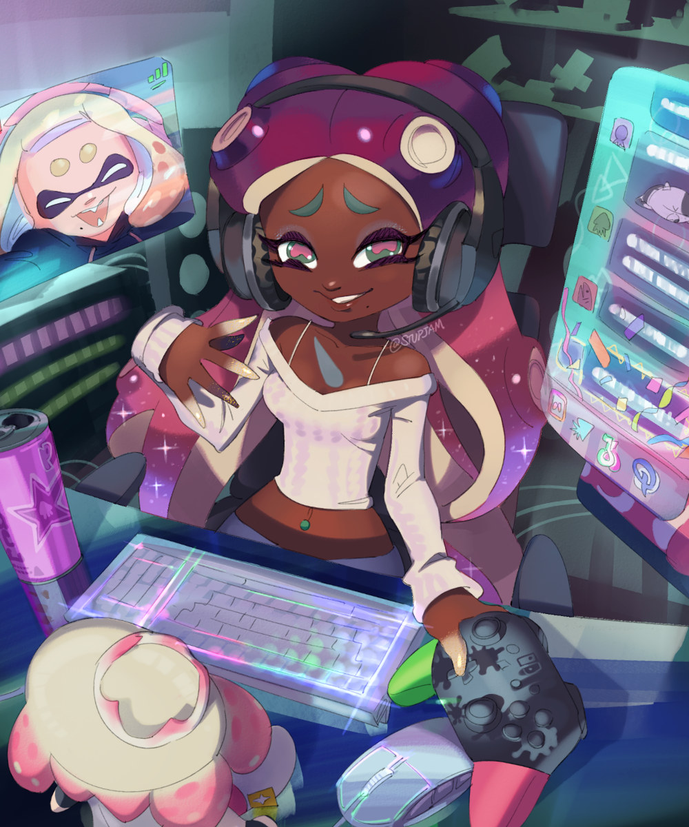 2girls can cephalopod_eyes character_doll closed_eyes commentary dark-skinned_female dark_skin drink_can english_commentary eyelashes furrowed_brow headphones highres indoors inkling keyboard_(computer) long_hair looking_at_viewer marina_(splatoon) mole mole_under_mouth monitor mouse_(computer) multiple_girls navel_piercing nintendo_switch_pro_controller octoling off-shoulder_shirt off_shoulder pearl_(splatoon) piercing pink_hair purple_hair real_life red_pupils shirt sitting smile soda_can sparkle splatoon_(series) splatoon_2 stup-jam teeth tentacle_hair thick_eyebrows video_call voice_actor white_shirt