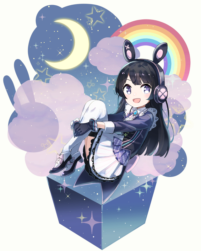 1girl :d animal_ear_headphones animal_ears black_gloves black_hair black_jacket blush brooch clouds collared_shirt crescent_moon fake_animal_ears from_side full_body gloves headphones hugging_own_legs jacket jewelry long_hair looking_at_viewer moon neck_ribbon nijisanji open_mouth own_hands_together pink_ribbon pleated_skirt rabbit_ear_headphones rainbow ribbon shirt sidelocks simple_background skirt smile solo sou_(tuhut) star_(symbol) straight_hair thigh-highs tsukino_mito violet_eyes virtual_youtuber white_background white_skirt white_thighhighs zettai_ryouiki