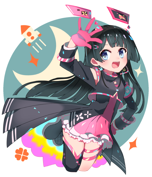 1girl :d black_dress black_hair black_jacket blue_eyes clover collared_jacket crescent_moon cropped_jacket dot_nose dress feet_up floating four-leaf_clover gloves hand_on_own_hip hand_up jacket long_hair long_sleeves looking_at_viewer moon nijisanji open_hand open_mouth petticoat pink_dress pink_gloves pleated_dress rocket_ship smile solo sou_(tuhut) spacecraft sparkle straight_hair teeth tsukino_mito upper_teeth_only virtual_youtuber