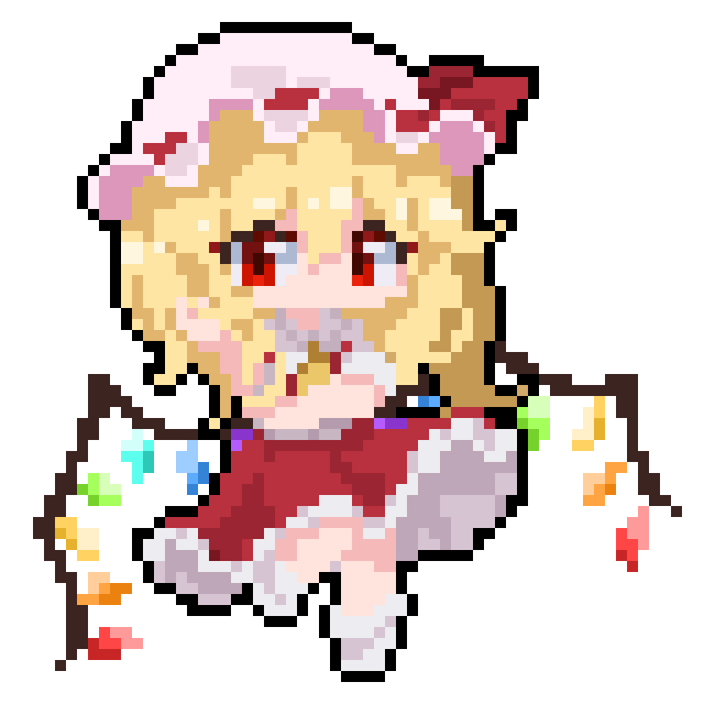 1girl ascot blonde_hair crossed_arms crystal_wings dress flandre_scarlet full_body hat hat_ribbon hong_yin mob_cap pixel_art red_dress red_eyes red_ribbon ribbon simple_background solo touhou white_background yellow_ascot
