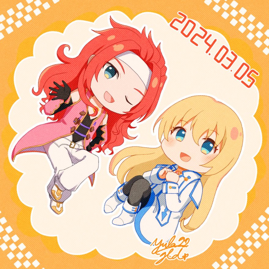 1boy 1girl artist_name belt black_gloves blonde_hair blue_eyes blue_trim boots colette_brunel commentary_request dated deformed gloves headband knees_together_feet_apart long_hair one_eye_closed own_hands_together pants redhead shoes tales_of_(series) tales_of_symphonia two-tone_background white_background white_footwear white_headband white_pants yellow_background yula22_gld zelos_wilder
