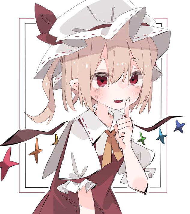 1girl blonde_hair crystal_wings finger_to_mouth flandre_scarlet hand_up hat mob_cap nacht_musik open_mouth pointy_ears puffy_short_sleeves puffy_sleeves short_sleeves shushing side_ponytail simple_background solo touhou upper_body white_background