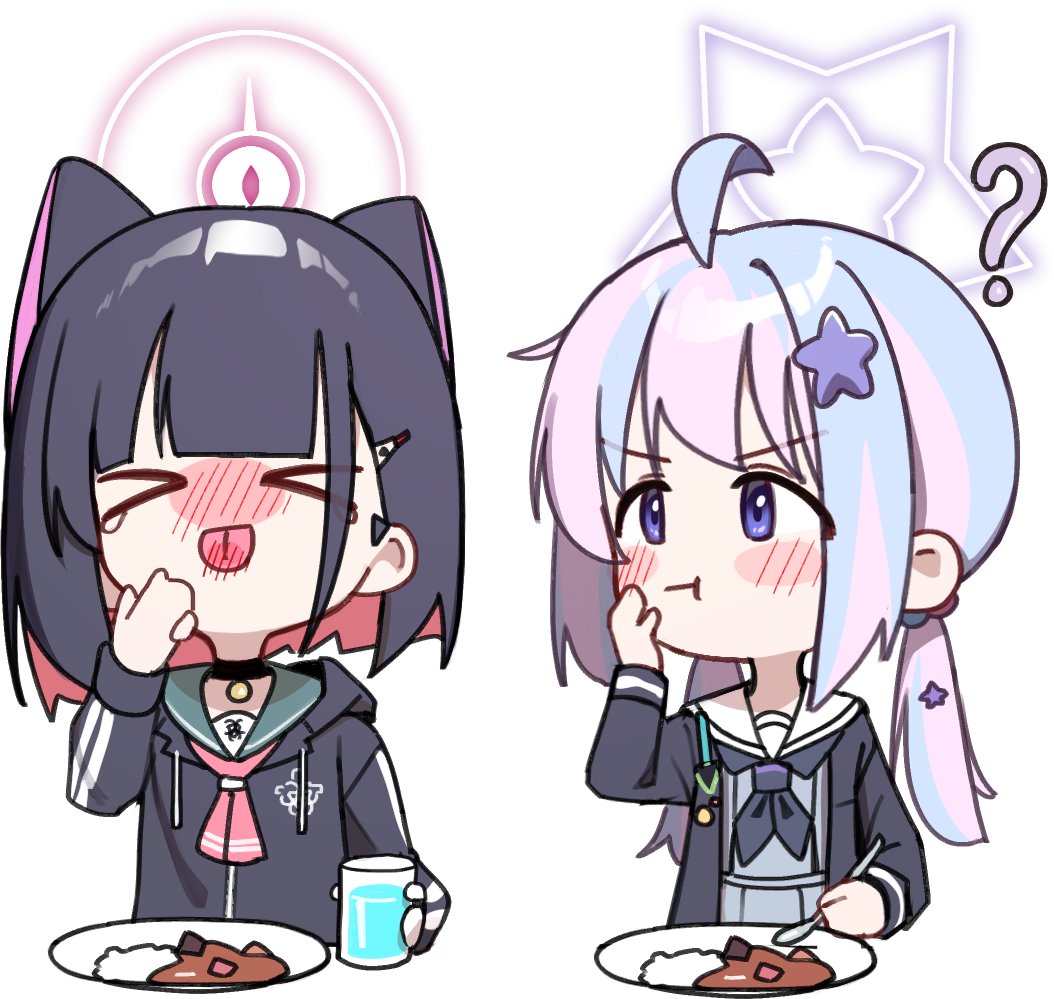 &gt;_&lt; 2girls ahoge animal_ears black_choker black_hair black_jacket black_neckerchief blue_archive blush cat_ears choker closed_mouth colored_inner_hair commentary cup curry curry_rice drinking_glass extra_ears food green_sailor_collar grey_serafuku hair_ornament hairclip halo holding holding_spoon hood hood_down hooded_jacket jacket kazusa_(blue_archive) long_hair long_sleeves multicolored_hair multiple_girls neckerchief open_clothes open_jacket pink_hair pink_halo purple_hair reisa_(blue_archive) rice sailor_collar school_uniform serafuku short_hair simple_background spoon star_(symbol) star_hair_ornament symbol-only_commentary tongue tongue_out violet_eyes white_background white_sailor_collar whonyang