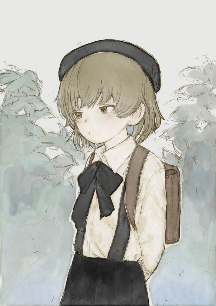 1girl arms_behind_back backpack bag beret black_headwear black_ribbon black_skirt briefcase brown_eyes brown_hair closed_mouth collared_shirt colored_inner_hair commentary_request cowboy_shot expressionless foliage grey_hair half-closed_eyes hat hatoba_tsugu highres jippu_(45fun) long_sleeves looking_ahead mole mole_under_eye multicolored_hair neck_ribbon pleated_skirt ribbon school_briefcase shirt shoulder_strap skirt solo standing suspender_skirt suspenders tsugu_(vtuber) virtual_youtuber white_background white_shirt