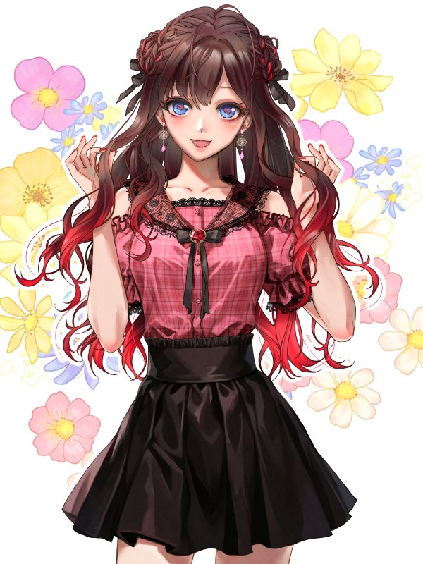 1girl black_ribbon black_skirt blue_eyes blush brooch brown_hair earrings flower gradient_hair hair_ribbon heart heart-shaped_pupils holding holding_hair ichinose_shiki idolmaster idolmaster_cinderella_girls idolmaster_cinderella_girls_starlight_stage jewelry lace-trimmed_shirt lace_trim looking_at_viewer multicolored_hair open_mouth pink_shirt red_nails redhead ribbon shirt skirt smile solo symbol-shaped_pupils two-tone_hair ykcocoro_game