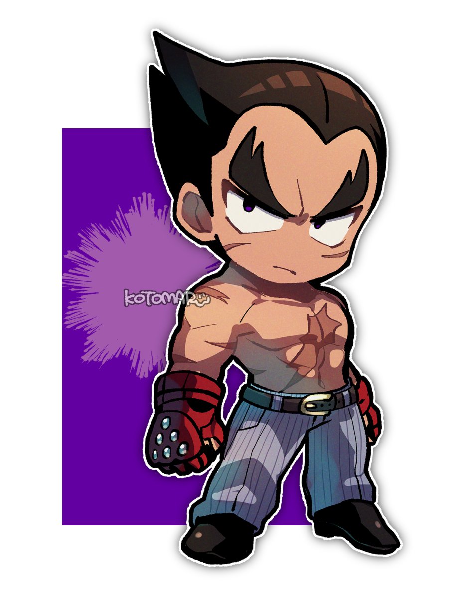 1boy arms_at_sides belt black_belt black_footwear black_hair chibi chibi_only clenched_hands closed_mouth full_body gloves grey_pants highres kotorai male_focus mishima_kazuya no_nose outline pants red_gloves scar scar_on_arm scar_on_cheek scar_on_chest scar_on_face signature studded_gloves tekken topless_male v-shaped_eyebrows white_outline
