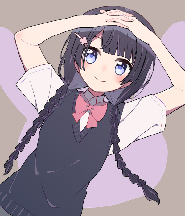 1girl black_hair black_sweater_vest blue_eyes blush bow bowtie braid closed_mouth cowboy_shot dutch_angle from_above hair_ornament hairpin hands_on_own_head interlocked_fingers long_bangs long_hair looking_at_viewer low_twin_braids lying nijisanji on_back own_hands_together pink_bow pink_bowtie shirt short_sleeves sidelocks smile solo sou_(tuhut) sweater_vest tsukino_mito tsukino_mito_(3rd_costume) twin_braids v-neck virtual_youtuber white_shirt