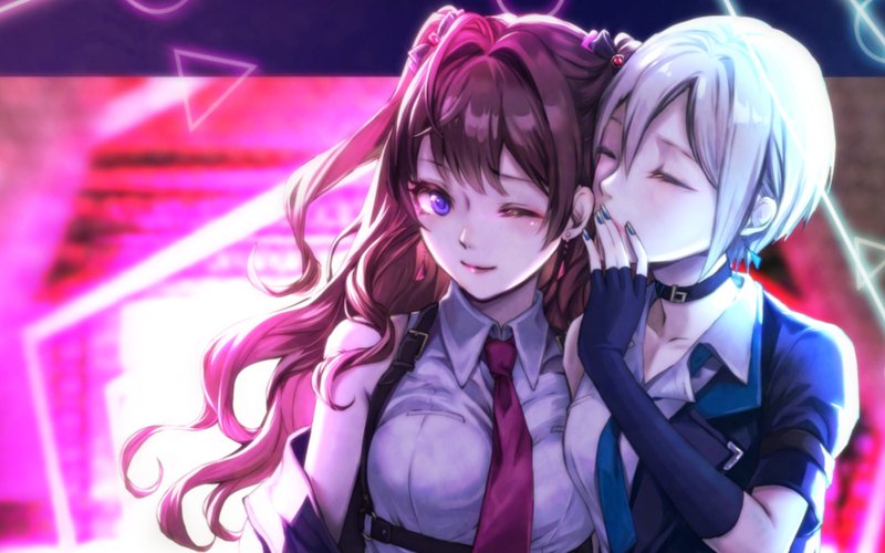 brown_hair closed_eyes collared_shirt fingerless_gloves gloves grey_hair ichinose_shiki idolmaster idolmaster_cinderella_girls idolmaster_cinderella_girls_starlight_stage jacket long_hair necktie one_eye_closed open_clothes open_jacket shiomi_syuko shirt short_hair violet_eyes whispering_in_ear ykcocoro_game