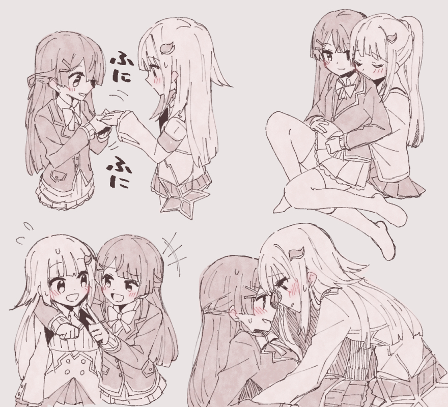 2girls :d ^^^ arm_around_neck arm_support blazer blush closed_eyes closed_mouth dot_nose eye_contact face-to-face greyscale hatching_(texture) holding_hands imminent_kiss jacket linear_hatching lize_helesta long_hair long_sleeves looking_at_another miniskirt monochrome motion_lines multiple_girls nijisanji open_mouth pleated_skirt school_uniform sidelocks skirt smile sou_(tuhut) spot_color straight_hair thigh-highs tsukino_mito virtual_youtuber yuri zettai_ryouiki