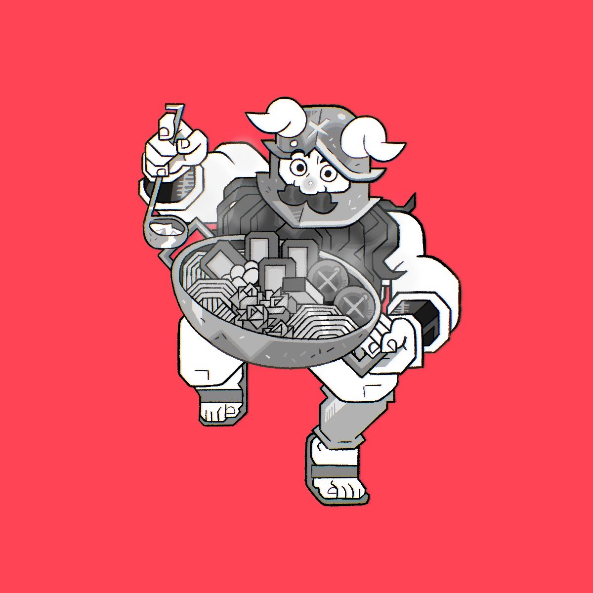 1boy beard cooking deformed dungeon_meshi dwarf facial_hair fake_horns full_body greyscale_with_colored_background helmet highres horned_helmet horns htoast_art incoming_food long_beard male_focus red_background senshi_(dungeon_meshi) solo style_request thick_mustache very_long_beard walking wok