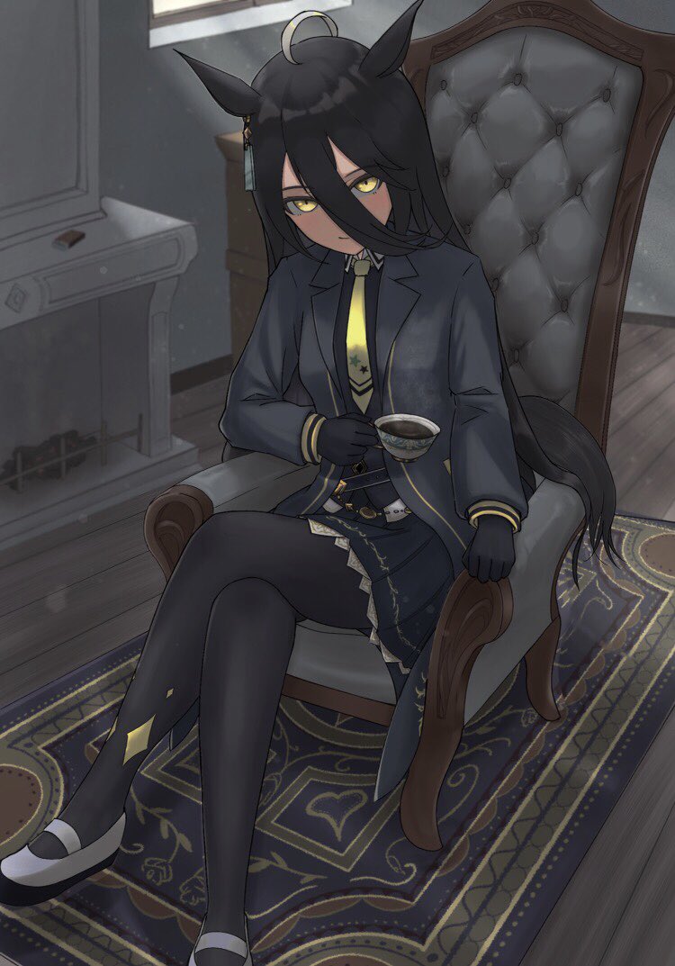 1girl ahoge animal_ears black_hair black_pantyhose breasts carpet chair clenched_hand closed_mouth coffee commentary crossed_legs cup ear_ornament earrings fireplace firewood gokoroyama3304 hair_between_eyes holding holding_cup horse_ears horse_girl horse_tail jewelry long_bangs long_coat long_hair long_sleeves looking_at_viewer manhattan_cafe_(umamusume) matchbox multicolored_hair necktie on_chair pantyhose shirt shoes single_earring sitting skirt solo tail teacup umamusume uwabaki white_hair window yellow_eyes yellow_necktie