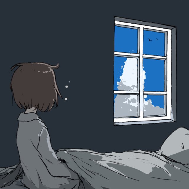 1girl blue_sky clouds commentary cumulonimbus_cloud day facing_away indoors long_sleeves messy_hair on_bed original pajamas shirt short_hair simple_bird sitting sky solo squeans umi_ha_kirai under_covers waking_up white_shirt window