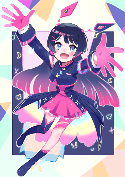 1girl :d black_dress black_hair black_jacket black_socks black_thighhighs blush clothing_cutout cropped_jacket dress full_body gloves hair_ornament hair_spread_out hairpin jacket kneehighs legs_apart long_hair looking_at_viewer nijisanji open_mouth outstretched_arms pink_dress pink_gloves pink_hair pleated_dress shoulder_cutout sidelocks single_sock single_thighhigh smile socks solo sou_(tuhut) straight_hair thigh-highs tsukino_mito virtual_youtuber