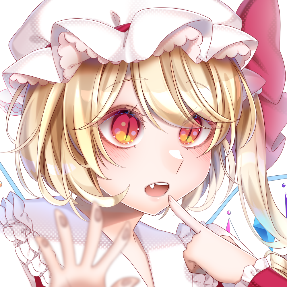 1girl ascot blonde_hair crystal_wings fang flandre_scarlet frills hat hat_ribbon kurumi407 mob_cap open_mouth pointing pointing_at_viewer red_eyes red_ribbon ribbon side_ponytail slit_pupils touhou upper_body