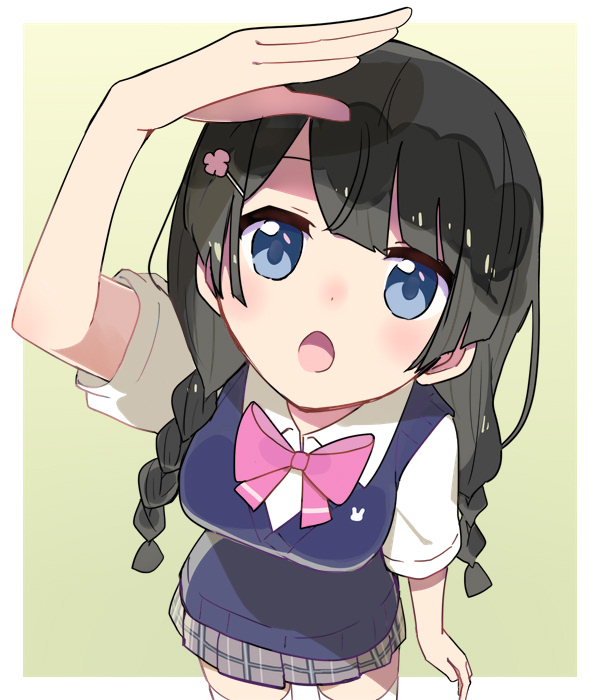 1girl :o arm_at_side black_hair blue_eyes blue_vest blush border bow bowtie braid collared_shirt cowboy_shot dot_nose foreshortening from_above grey_skirt hair_ornament hairpin hand_on_own_head legs_apart long_hair looking_at_viewer low_twin_braids miniskirt nijisanji open_mouth outside_border pink_bow pink_bowtie plaid plaid_skirt pleated_skirt shading_eyes shirt sidelocks simple_background skirt solo sou_(tuhut) thigh-highs tsukino_mito twin_braids v-neck vest virtual_youtuber white_border white_shirt white_thighhighs yellow_background zettai_ryouiki