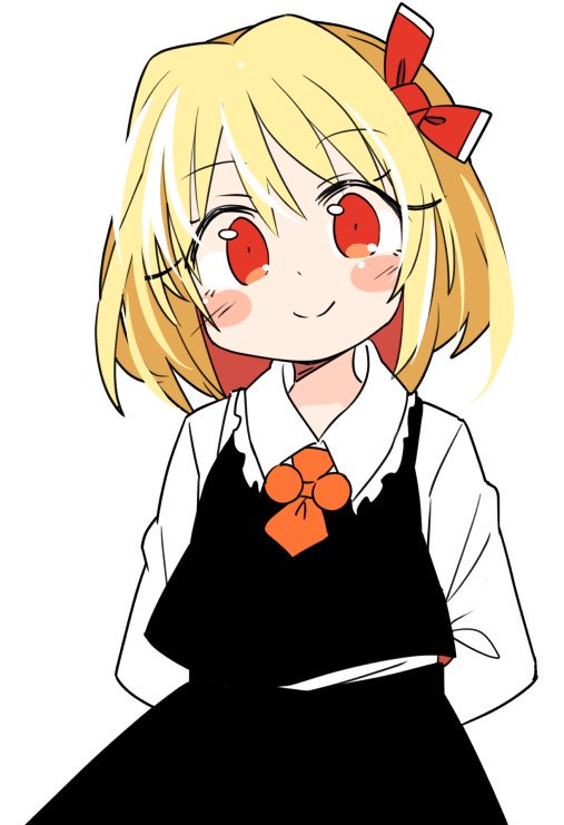 1girl arms_behind_back black_skirt black_vest blonde_hair blush_stickers bow hair_bow ini_(inunabe00) long_sleeves looking_at_viewer medium_hair red_bow red_eyes rumia shirt simple_background skirt smile solo touhou vest white_background white_shirt