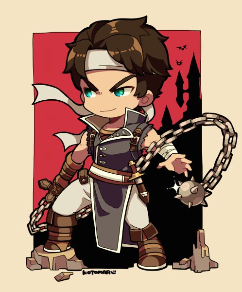 1boy ball_and_chain_(weapon) border brown_footwear brown_gloves brown_hair castlevania_(series) closed_mouth dagger full_body gloves green_eyes headband knife kotorai male_focus no_nose pants richter_belmont signature single_glove smile solo weapon white_border white_headband white_pants