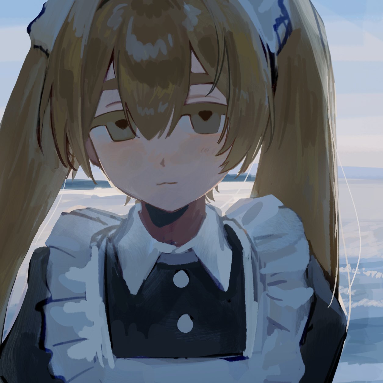 1girl :3 apron black_dress blonde_hair blue_sky blush buttons closed_mouth double-parted_bangs dress empty_eyes frilled_apron frilled_hairband frills hair_between_eyes hairband half-closed_eyes highres inu_dakisime juliet_sleeves long_hair long_sleeves looking_at_viewer maid maid_apron maid_headdress ocean original outdoors puffy_sleeves raised_eyebrows sky smile solo straight-on twintails upper_body white_apron white_hairband wing_collar yellow_eyes