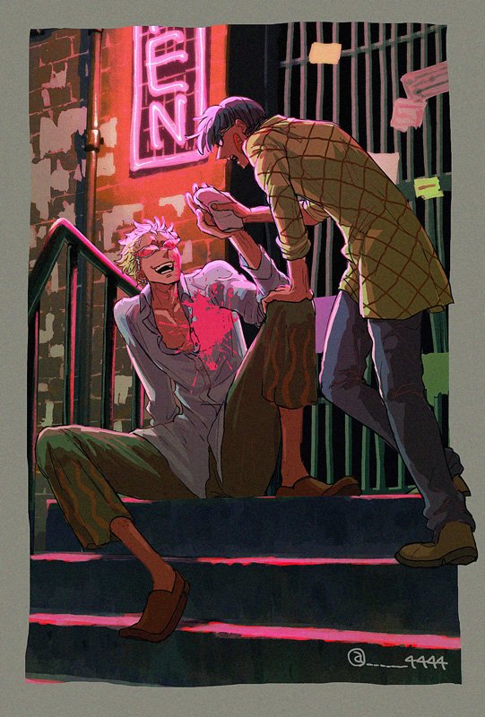2boys 4444_(tetsuya) aged_down arm_up bars black_hair blonde_hair blood blood_on_clothes capri_pants checkered_clothes donquixote_doflamingo english_text holding_handkerchief multiple_boys one_piece open_mouth outdoors pants road shirt short_hair sitting smile stairs standing street sunglasses teeth twitter_username vergo white_shirt yellow_shirt