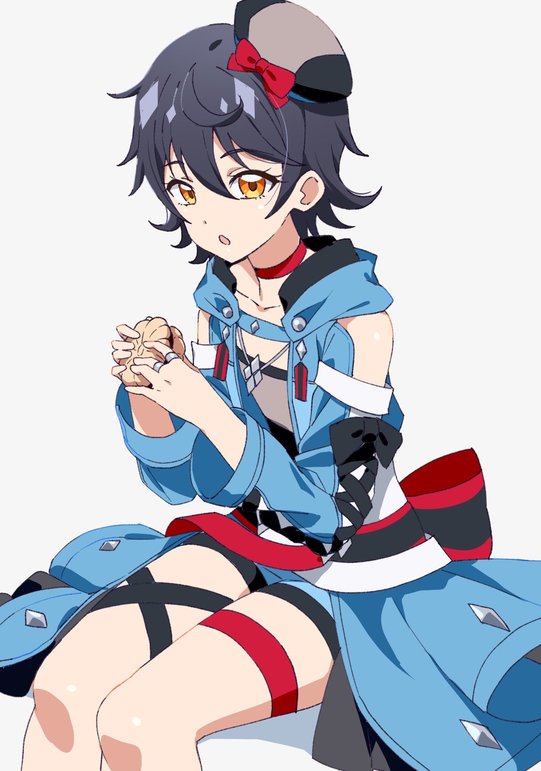 1girl :o black_hair blue_coat choker coat dolldolldd flat_chest food grey_background hair_between_eyes hands_up hat highres holding holding_food invisible_chair jewelry kiratto_pri_chan kurokawa_suzu long_sleeves looking_at_viewer mini_hat open_clothes open_coat open_mouth pretty_series red_choker ring short_hair simple_background sitting solo thigh_strap yellow_eyes
