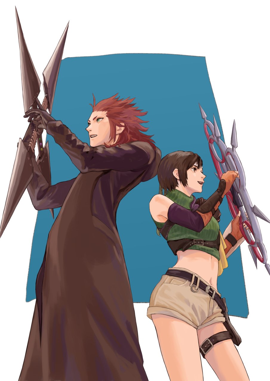 1boy 1girl arm_armor armor belt black_coat black_coat_(kingdom_hearts) black_gloves blue_background brown_eyes brown_hair brown_shorts chakram chest_strap coat commentary crop_top cropped_sweater elbow_gloves final_fantasy final_fantasy_vii gloves green_eyes green_sweater hair_between_eyes hair_slicked_back hands_up happy headband highres hood hood_down hooded_coat huge_weapon in-franchise_crossover kingdom_hearts lea_(kingdom_hearts) light_smile long_hair long_sleeves looking_to_the_side midriff mukashino navel open_mouth orange_gloves pauldrons redhead short_eyebrows short_hair short_shorts shorts shoulder_armor shuriken simple_background single_pauldron sleeveless sleeveless_sweater sleeveless_turtleneck smile sweater teeth thigh_strap turtleneck turtleneck_sweater upper_body upper_teeth_only weapon weapon_switch white_headband yuffie_kisaragi