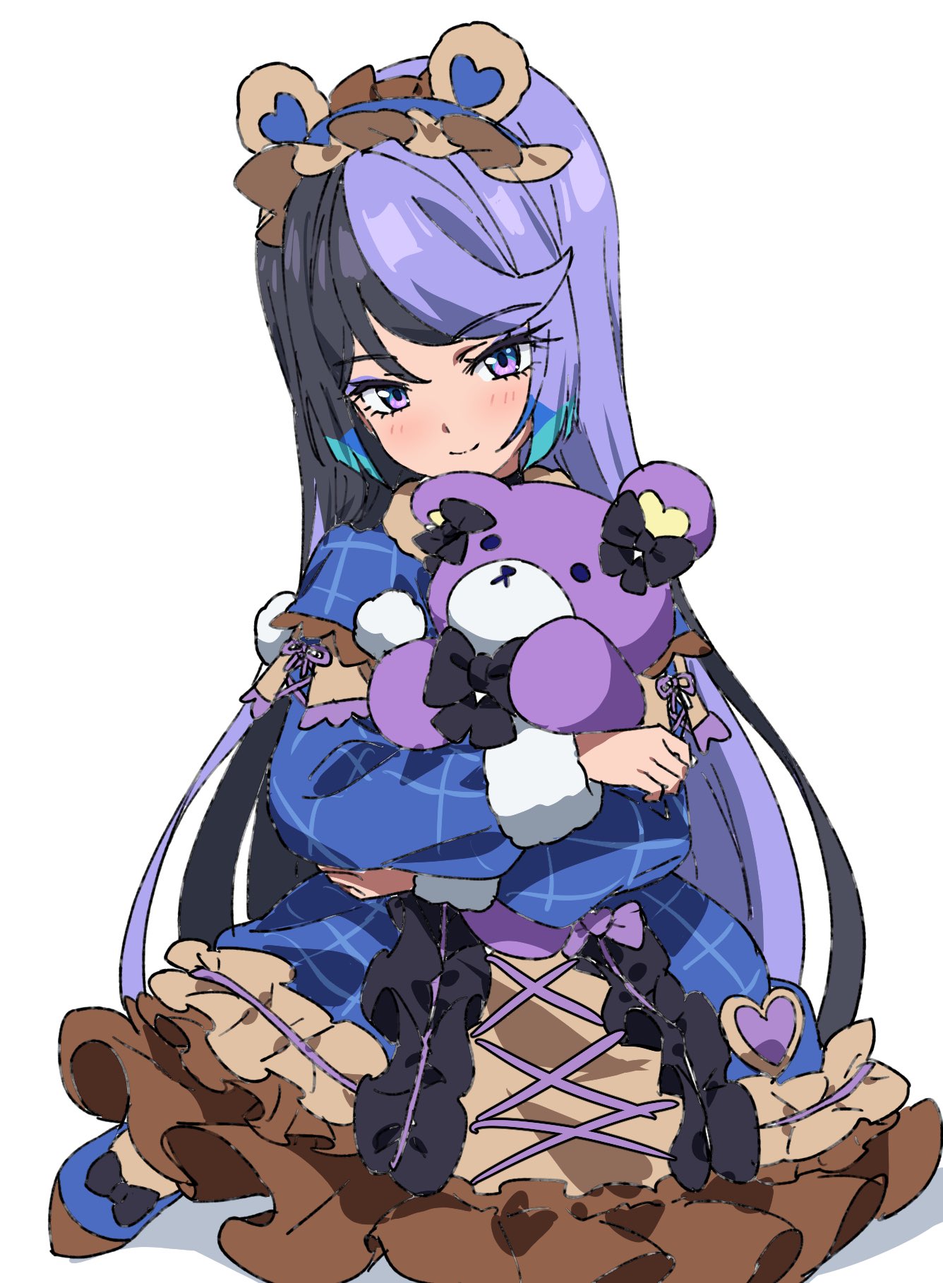 1girl bear_ear_hairband black_hair blue_dress blue_hair carron_(waccha_primagi!) closed_mouth commentary_request dolldolldd dress frilled_dress frills full_body highres holding holding_stuffed_toy korean_commentary long_hair long_sleeves looking_at_viewer multicolored_hair pretty_series purple_hair simple_background sitting smile solo stuffed_animal stuffed_toy teddy_bear very_long_hair violet_eyes waccha_primagi! white_background