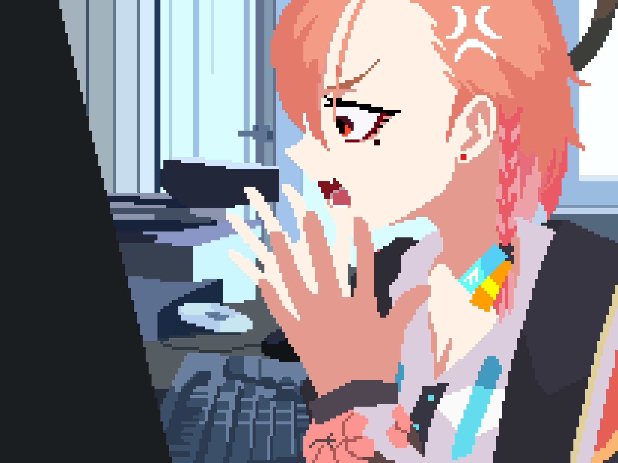 1girl anger_vein angry_german_kid blackredhat blue_archive braid cd collared_shirt computer earrings from_side hands_up highres indoors jewelry keyboard_(computer) long_sleeves meme mole mole_under_eye neru_(blue_archive) open_mouth orange_hair pixel_art profile red_eyes shirt short_hair side_braid single_braid solo stud_earrings upper_body v-shaped_eyebrows white_shirt window