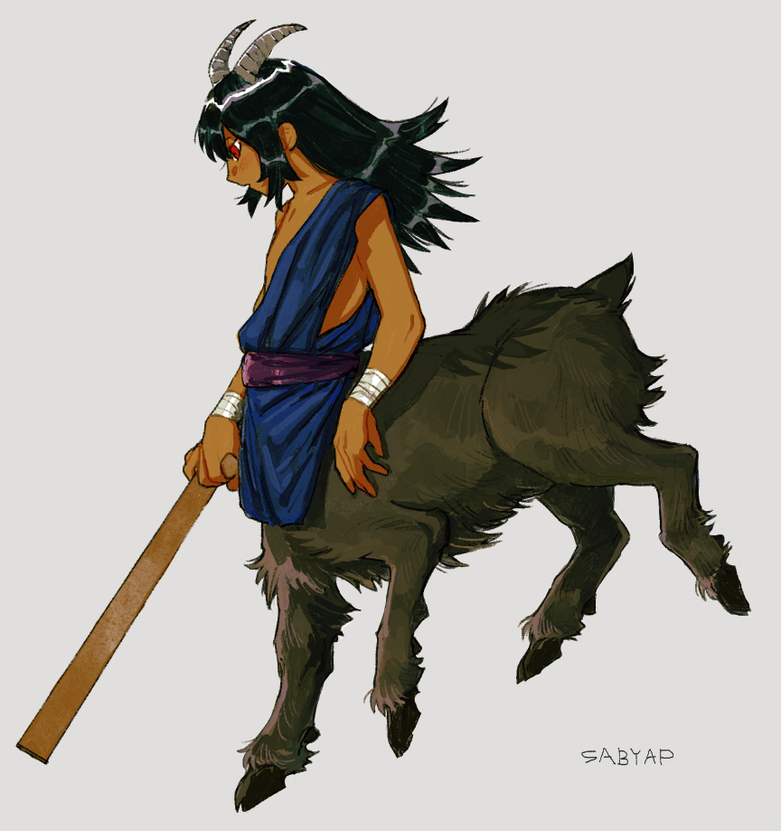 1boy arm_wrap artist_name black_fur black_hair centauroid commentary_request dark-skinned_male dark_skin full_body goat_boy goat_horns goat_tail grey_background hooves horns long_hair looking_to_the_side male_focus monster_boy open_mouth original red_eyes sabyap sidelocks simple_background solo taur toga walking