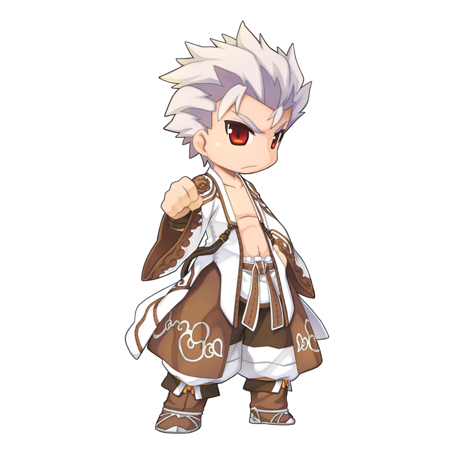 1boy belt brown_belt brown_footwear brown_pants chibi clenched_hand closed_mouth cloud_print fold-over_boots frown full_body hair_slicked_back long_sleeves looking_at_viewer male_focus navel official_art open_clothes open_shirt pants print_shirt ragnarok_online red_eyes shirt short_hair simple_background solo spiky_hair standing star_emperor_(ragnarok_online) tachi-e transparent_background v-shaped_eyebrows white_hair white_shirt wide_sleeves yuichirou