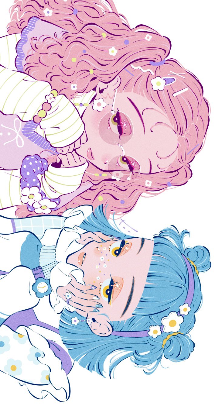2girls 444_tn bead_necklace beads blue_hair blue_nails blunt_ends double_bun floral_print flower flower_ring flower_sticker frilled_shirt frills green_scrunchie hair_bun hair_ornament hair_scrunchie hairband hairclip hands_on_own_cheeks hands_on_own_face highres jewelry long_hair long_sleeves looking_at_viewer multicolored_nails multiple_girls nail_art nail_polish necklace orange_lips original own_hands_together parted_lips pink-tinted_eyewear pink_hair purple_hairband purple_tank_top purple_vest round_eyewear scrunchie shirt short_hair simple_background sleeves_past_wrists sticker_on_face sunglasses sweater_vest tank_top teeth tinted_eyewear upper_body v-neck vest watch watch white-framed_eyewear white_background white_flower white_nails white_shirt white_sleeves yellow_eyes