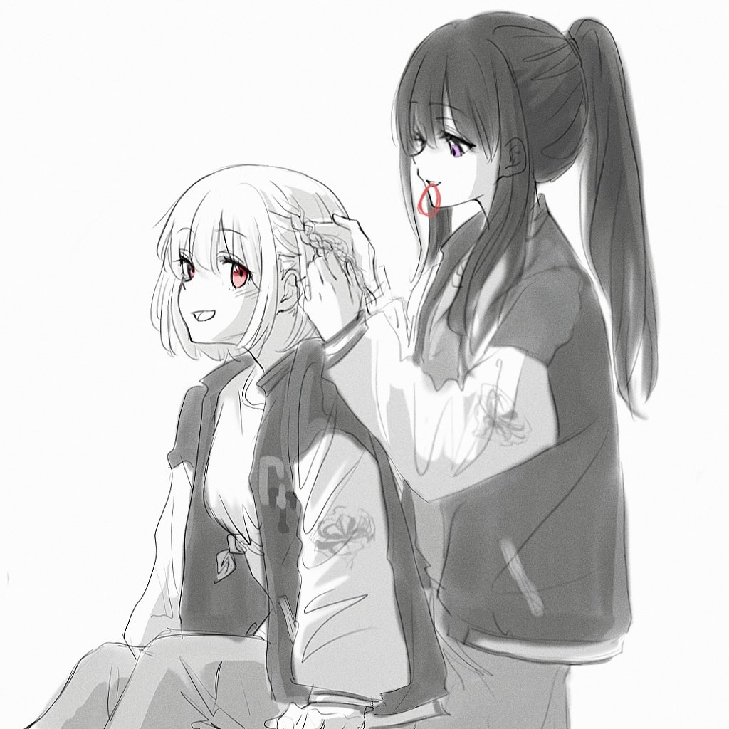 2girls bob_cut braid braiding_hair breasts commentary doodle943545 ears_visible_through_hair hair_tie hair_tie_in_mouth hairdressing hashtag_only_commentary inoue_takina jacket long_hair long_sleeves lycoris_recoil medium_breasts mouth_hold multiple_girls nishikigi_chisato open_clothes open_jacket open_mouth ponytail red_eyes shirt side_braid sidelocks simple_background sitting tied_shirt violet_eyes white_background