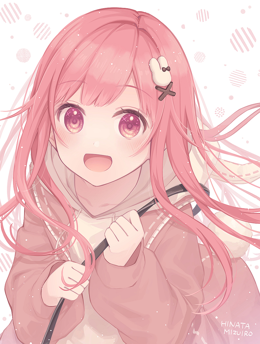 1girl artist_name bag blush cardigan commentary_request hair_ornament hinata_mizuiro hood hoodie leaning_forward long_hair looking_at_viewer ootori_emu open_mouth pink_cardigan pink_eyes pink_hair project_sekai rabbit_hair_ornament rabbit_tail simple_background smile solo tail upper_body white_background white_hoodie x_hair_ornament