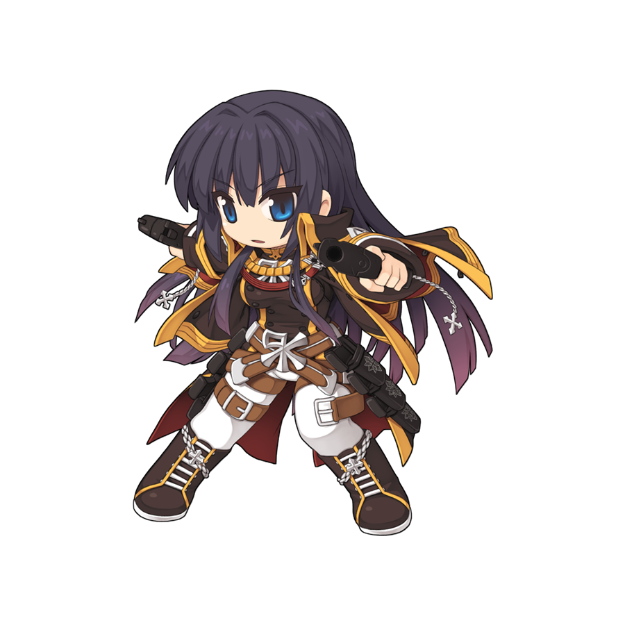 1girl aiming aiming_at_viewer belt black_coat black_footwear black_hair blonde_hair blue_eyes boots breasts brown_belt buttons chain chibi coat cross double-breasted dual_wielding emblem expressionless fighting_stance floating_hair full_body gradient_hair gun hair_intakes handgun hime_cut holding holding_gun holding_weapon holstered leg_holster looking_at_viewer medium_bangs medium_breasts military_uniform multicolored_hair official_art open_mouth pants ragnarok_online rebellion_(ragnarok_online) simple_background solo standing tachi-e transparent_background trigger_discipline uniform v-shaped_eyebrows weapon white_pants yuichirou