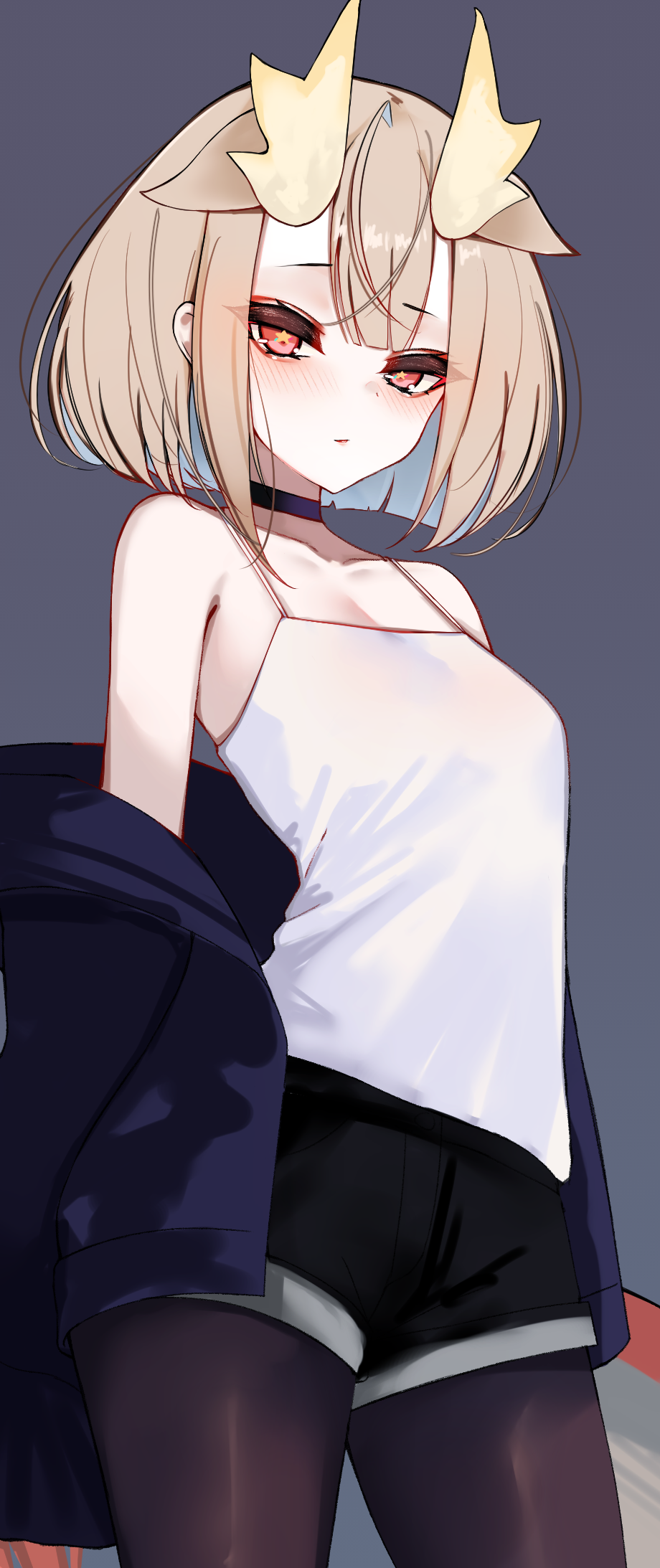 1girl bare_shoulders black_choker black_jacket black_pantyhose black_shorts blonde_hair blue_hair blush camisole choker colored_inner_hair dragon_girl dragon_horns dragon_tail grey_background highres horns jacket looking_at_viewer multicolored_hair off_shoulder pantyhose parted_lips phase_connect red_eyes rifufu short_hair shorts simple_background solo spaghetti_strap star-shaped_pupils star_(symbol) symbol-shaped_pupils tail utatane_nasa virtual_youtuber white_camisole